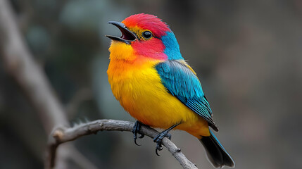 A vibrant and colorful bird singing on a branch, showcasing its brilliant plumage in a natural setting.