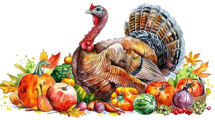 Naklejka premium Watercolor Illustration of Live Turkey with Autumn Harvest