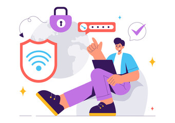 WiFi Security Vector Illustration with Wireless Technology Devices for Internet Connection, Network Protection, Safe Access, and Password Encryption