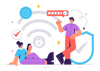 WiFi Security Vector Illustration with Wireless Technology Devices for Internet Connection, Network Protection, Safe Access, and Password Encryption