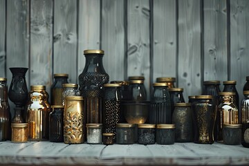 Gold and black jars on wooden background.
