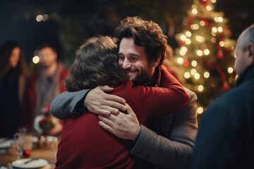 Friend arriving christmas hugging giving.