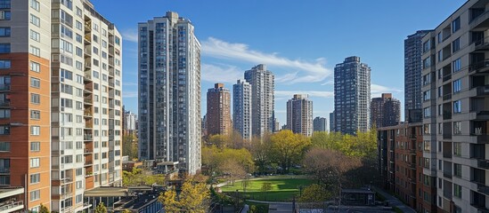Obraz premium Urban city block with various apartment buildings, shops, and a park in the background,