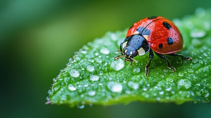 Red ladybug with black spots perched on a green leaf with water droplets. Soft blurred natural green background