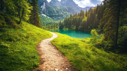 Obraz premium A scenic view of a winding path through a lush green forest