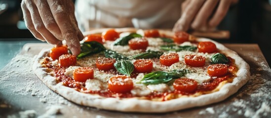 Close-up of a chef's hand placing fresh basil leaves on a pizza topped with tomato, mozzarella, and parmesan cheese.