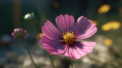 Obraz premium A 3D rendering of a cosmos flower, with pink petals and a yellow center. The background is a soft, blurred field with warm sunlight.