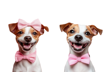 Dog wearing pink bow on white background