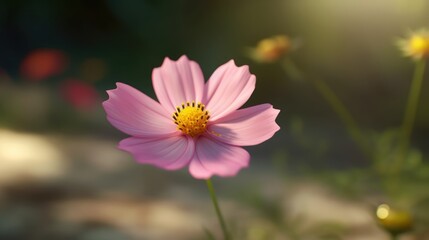 Obraz premium A 3D rendering of a cosmos flower, with pink petals and a yellow center. The background is a soft, blurred field with warm sunlight.