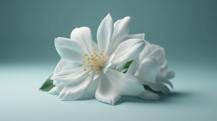 Obraz premium A 3D rendering of a delicate jasmine flower, with soft white petals and subtle lighting. The background is a smooth gradient of white to soft blue.