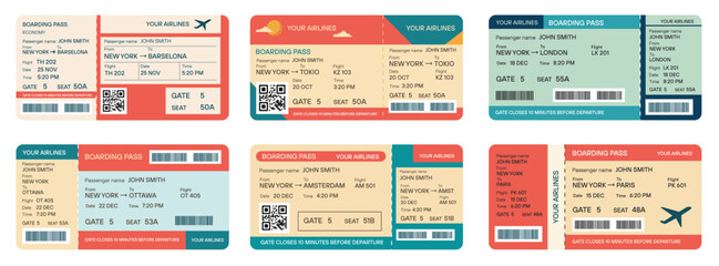 Vector flat style illustration a set of airplane tickets, boarding pass.