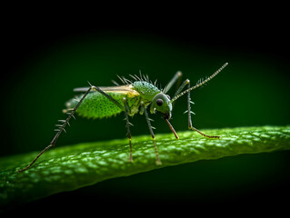 Fototapeta premium A vibrant green insect perched on a leaf, showcasing nature's intricate details in a macro environment.