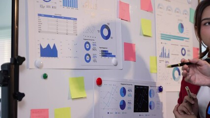Businesswomen discussing marketing data visualize insights on a whiteboard during a collaborative office meeting