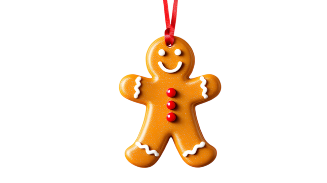 Festive Gingerbread Man Ornament Hangs on Gold String isolated on transparent white background, png
