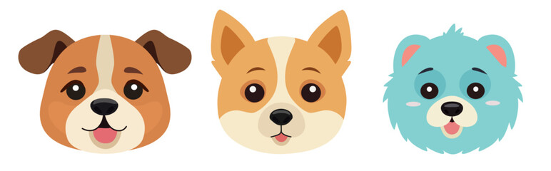 Vector illustration in a flat style features three cartoon dog puppy faces with distinct expressions and fur colors. Quadrobists kid mask