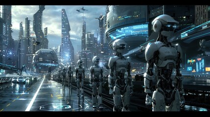 Futuristic cityscape featuring humanoid robots in a high-tech urban environment.