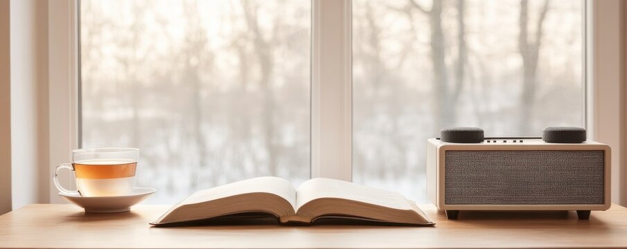 Cozy reading nook with tea, book, and radio by the window.