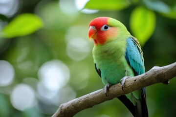 Obraz premium A vibrant green and red lovebird perches on a branch in a lush green garden.
