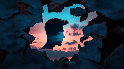 Silhouette Man Breaking Through Wall Sunset Sky Hope Concept