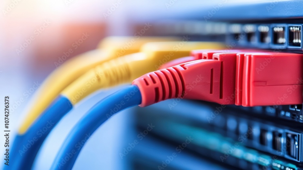 Poster Close-Up View of Colorful Ethernet Cables Connected to a Network Switch in a Data Center Environment Showcasing Modern Technology and Connectivity