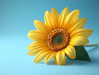 Bright and cheerful sunflower against a soft blue background, symbolizing summer and nature's beauty.