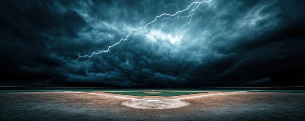 Dramatic scene of a baseball field under a stormy sky.