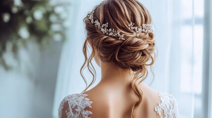 Brides elegant updo hairstyle adorned with a delicate floral hair accessory and Intricate lace detail of her gown view from behind