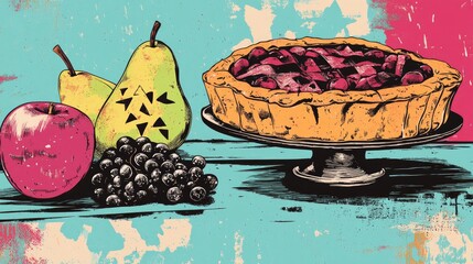 Retro illustration of homemade pastries featuring a star cake alongside an apple pie with pear and black currant presented in a still life design for coloring