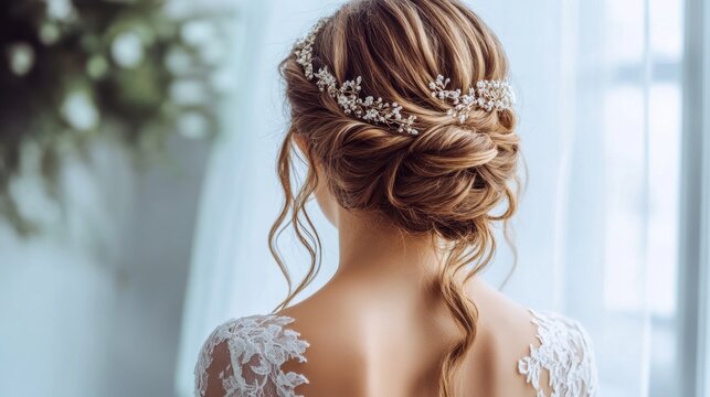 Brides elegant updo hairstyle adorned with a delicate floral hair accessory and Intricate lace detail of her gown view from behind