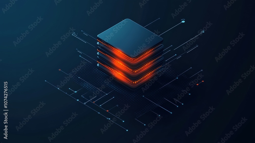 Poster Digital Stack of Data Servers with Glowing Orange Lights and Abstract Connections Representing Technology and Network in a Futuristic Environment