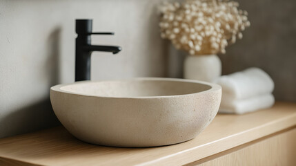 Minimalist bathroom with a stone sink and a black faucet