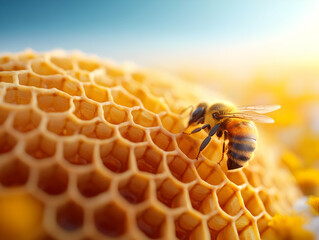 Close-up of a bee collecting nectar from a honeycomb against a bright, blurred background filled with flowers.