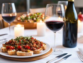 Elegant dining setup featuring gourmet bruschetta and wine.