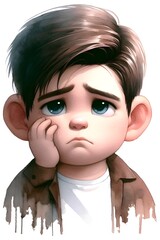 시무룩한,내성적인,침울한,아이,남자아이,꼬마,수채화,삽화,그림,만화