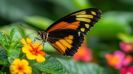 Fototapeta premium Black, Orange, and Yellow Butterfly on Yellow Flower with Green Background