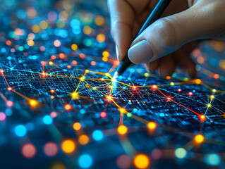 Naklejka premium Close-up of a hand using a stylus on a digital interface filled with vibrant network patterns and glowing connections.