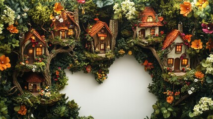 Obraz premium Enchanted Fairy Houses Surrounded by Lush Greenery and Colorful Flowers in a Magical Woodland Setting Perfect for Fantasy and Nature Themes