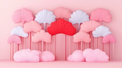 Pastel Pink Abstract 3D Background with Fan Shapes and Stripes
