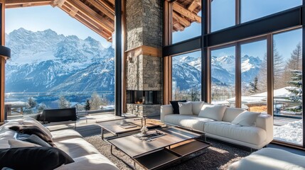 Fototapeta premium Luxury mountain chalet with large panoramic windows, wood and stone finish, snow-capped background