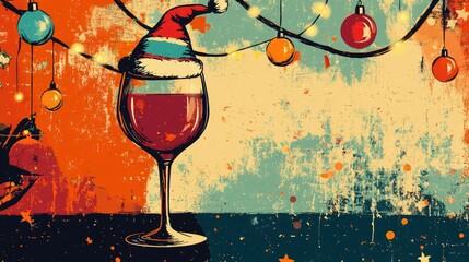 Retro illustration of a glass of red wine adorned with a festive hat surrounded by decorative baubles and lights on a vibrant backdrop holiday beverage theme