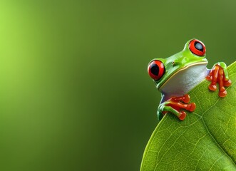 A red-eyed tree frog perches on a leaf with a vibrant green background.