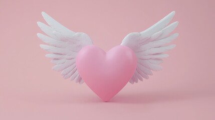 Pink Heart with White Wings 3D Render   Valentine s Day Love Concept