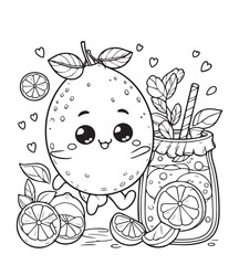 Coloring page cute lemon with juice 