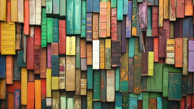 Colorful wooden book spines creating a vibrant wall design with an artistic mix of textures, shapes, and hues for creative backgrounds or literary themes
