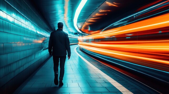 A solitary figure walks through a vibrant, blurred subway tunnel, emphasizing motion and isolation.