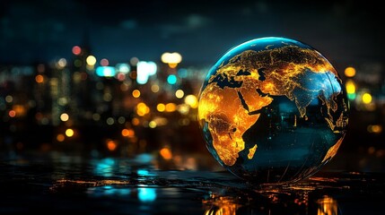 Closeup glass globe cityscape background center image continents Global Leadership Shifts Shifts