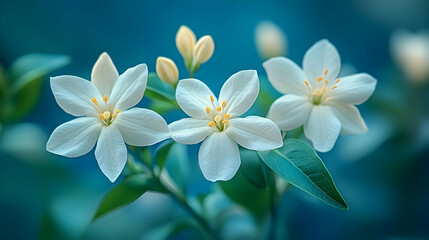 Fototapeta premium Delicate white flowers bloom against a soft blue background, showcasing nature's elegance and tranquility.