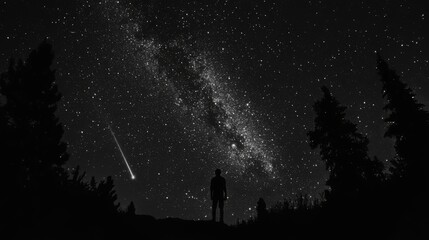 Naklejka premium A solitary figure stands in silhouette against the backdrop of a breathtaking night sky, dotted with countless stars and a shimmering Milky Way, a shooting star streaking across the canvas.