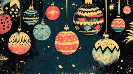 Retro illustration of crocheted holiday ornaments and festive decorations in a stylish color palette Winter themed coloring book page with ample space for creativity