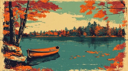 Obraz premium Retro coloring page of an autumn landscape featuring a boat on a pond surrounded by fall foliage Seasonal nature scene with trees and a tranquil water body